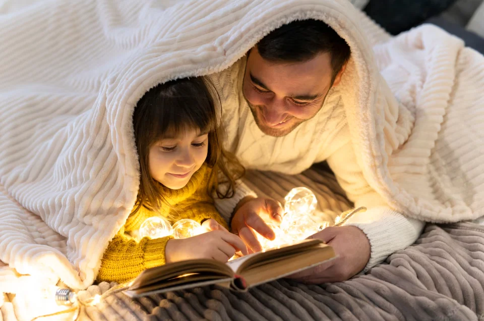 Hombre leyendo historias personalziadas para niños con su hija antes de dormir