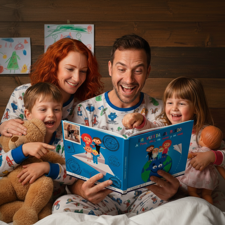 mundo_familiar_cuadrado Familia con niños leyendo un libro personalizado Ludobooks