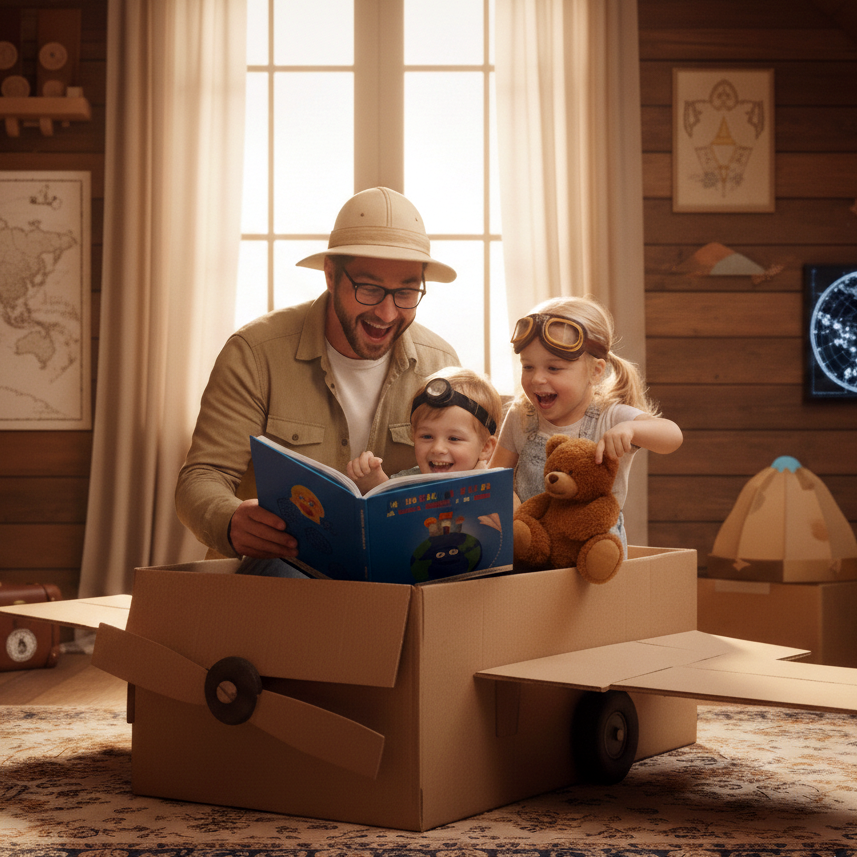 mundoconpapa-avion-cuadrado Papá con sus hijos leyendo un libro personalizado Ludobooks